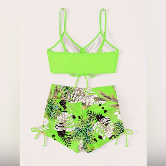 Neon Green Drawstring V Neck/Side Tie Boxer Shorts 2Pc Bikini Set - Picture 4 of 6